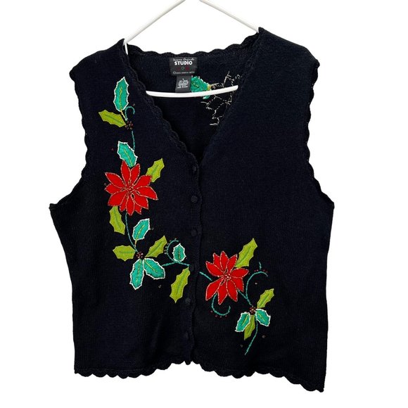Designers Originals Studio Sweaters - Designers Originals Studio Joy Christmas Sweater Vest L Cardigan Black Holly